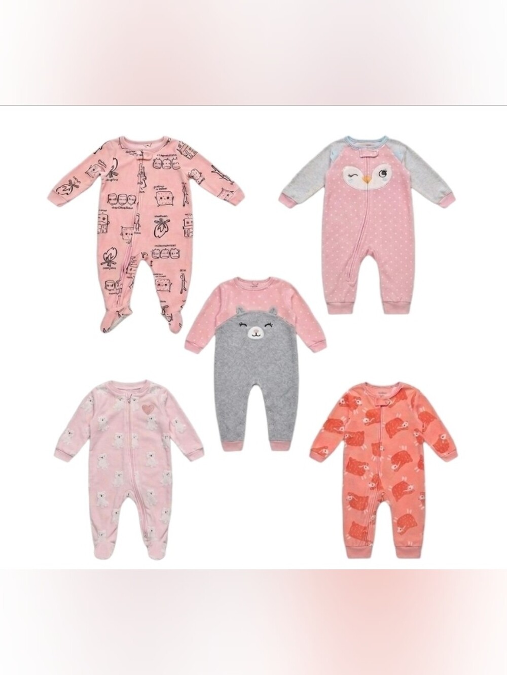 Carter’s Pekkle Baby Girl Sleepers Bundle 12 Months Pink Gray 5 Pc Lot